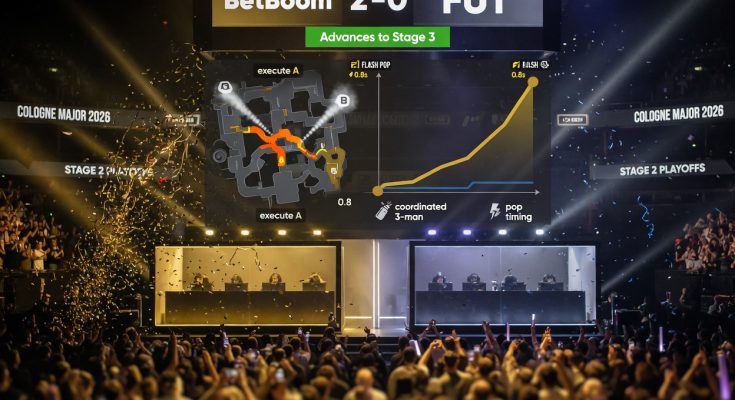 Telephoto sports photograph of a Cologne 2026 esports stage showing BetBoom defeating FUT 2–0,